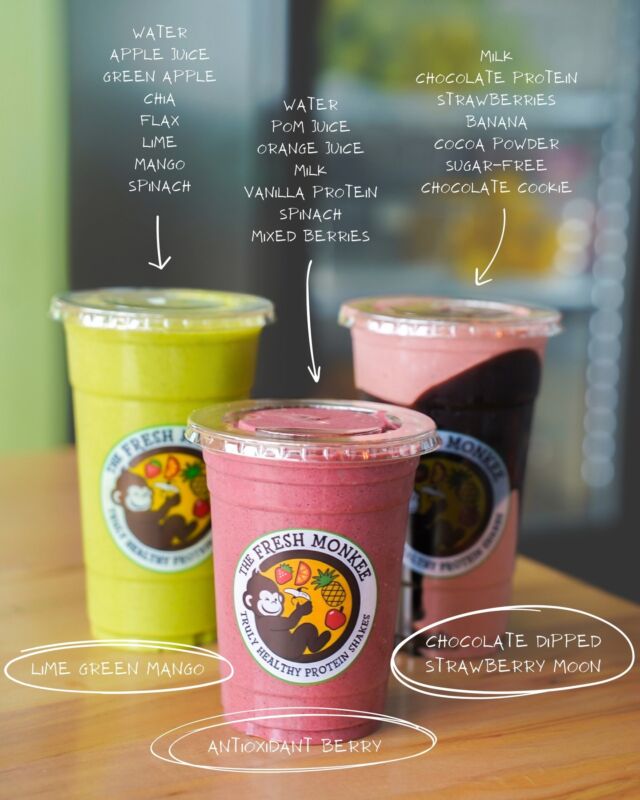 Shake up your routine with a flavor for every vibe! 🌈
Lime Green Mango | Antioxidant Berry | Chocolate Dipped Strawberry Moon
Tropical, fruity, or chocolatey – whatever you're craving, we've got you covered!💚 Which one is calling your name today?

#Flavorful #HealthyChoices #TropicalVibes #ChocolateLovers #FoodieFavorites #ProteinShakes #TheFreshMonkee