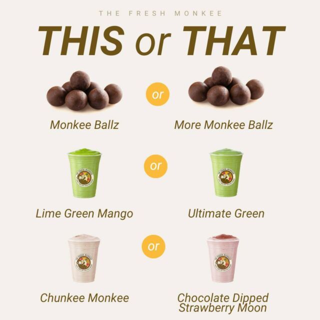 Let's play a game. Which would you choose?! 🙊

#TheFreshMonkee #Smoothies #Smoothie #ProteinShakes #HealthyShakes #CleanEating #MealReplacement #HealthyLiving #MonkeeBalls