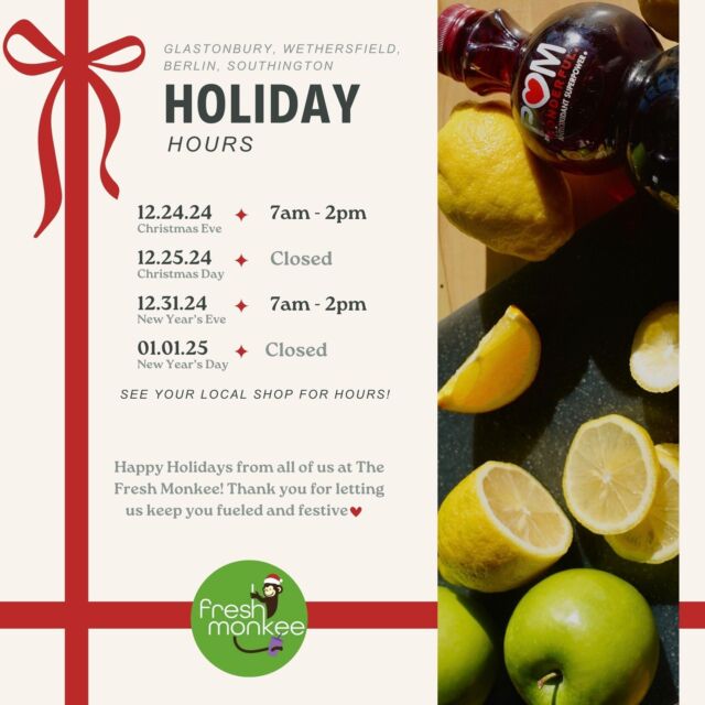 Be sure to stop by and enjoy your favorite shakes during our holiday hours, and don’t forget to check your local Fresh Monkee for their holiday hours too! Wishing you a joyful, healthy, and festive holiday season!🎁